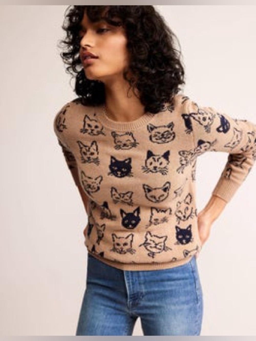 Boden Heather Jacquard Cat Sweater Camel Navy Wool Cashmere XS